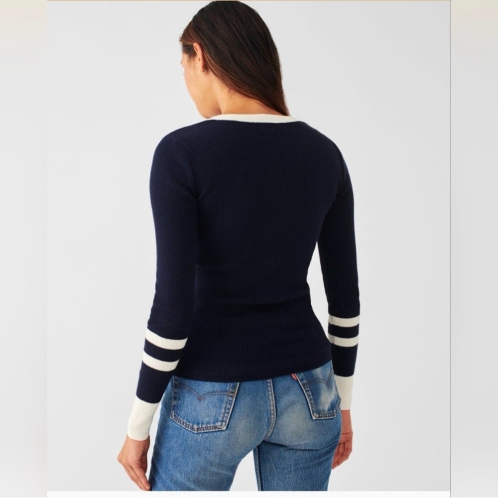 Faherty - women’s Mikki Henley navy white sweater organic cotton cashmere top L - Picture 4 of 8